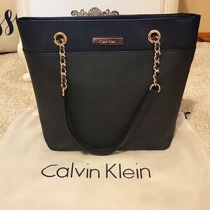 Calvin Klein Black Leather Top Zip Tote